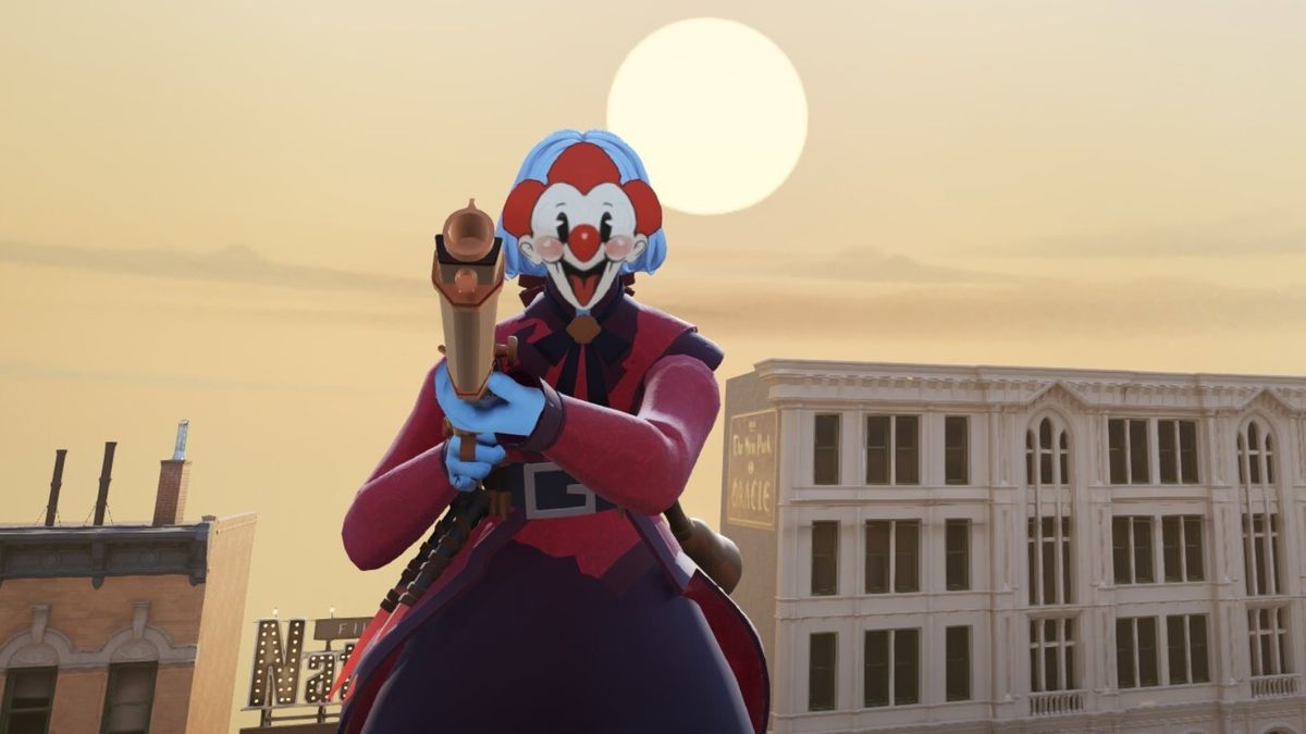 Vindicta wearing a clown mask