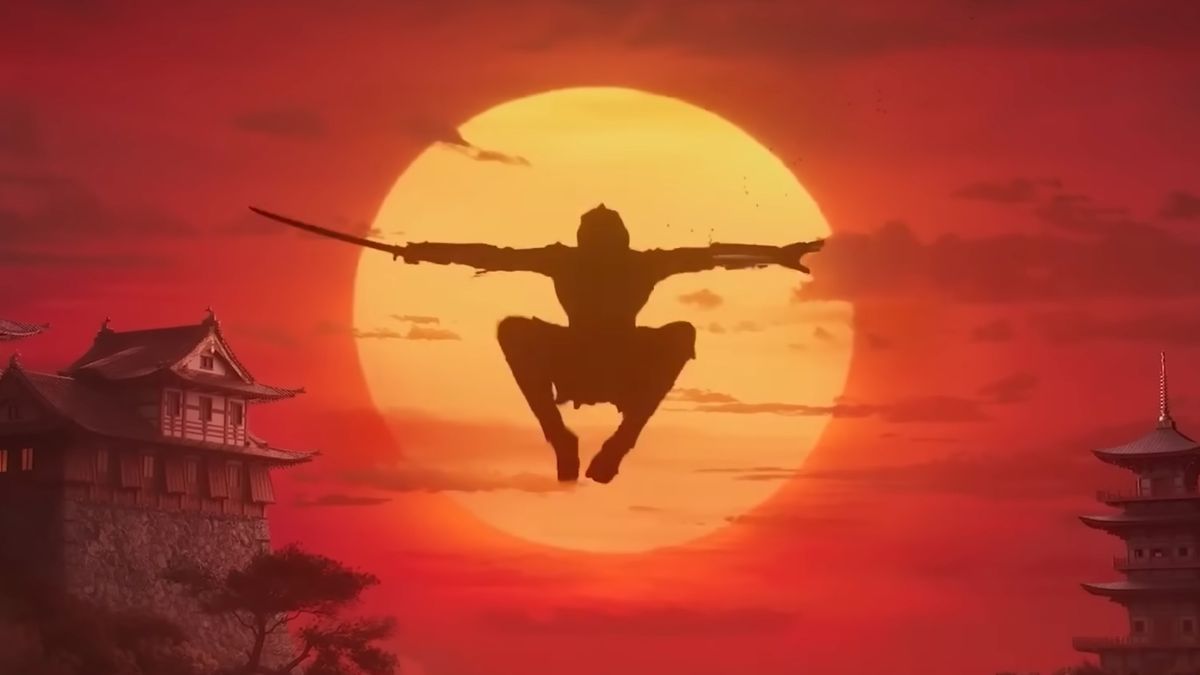 Assassin's Creed Shadows promo still from Assassin's Creed Red teaser: A ninja leaping through the air, ninja-style, in front of a large setting sun