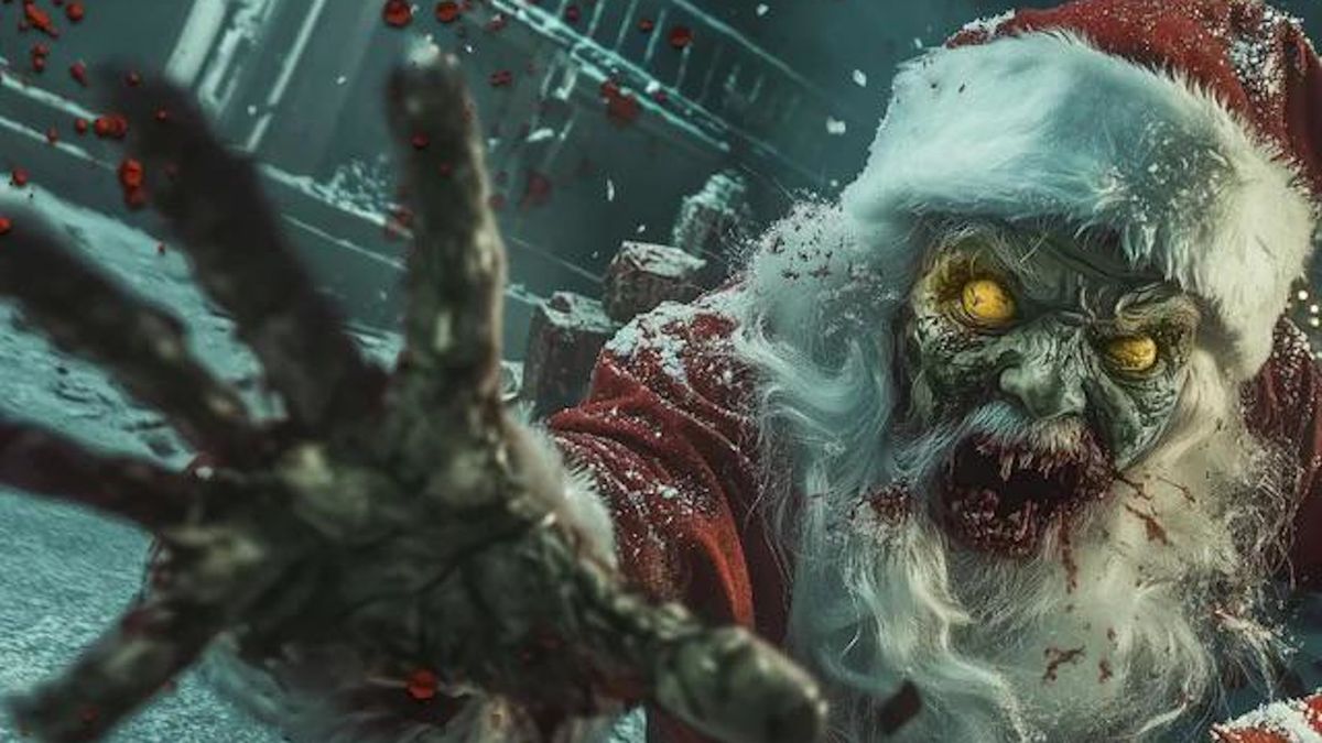 A zombie santa with six fingers leaps at the screen.