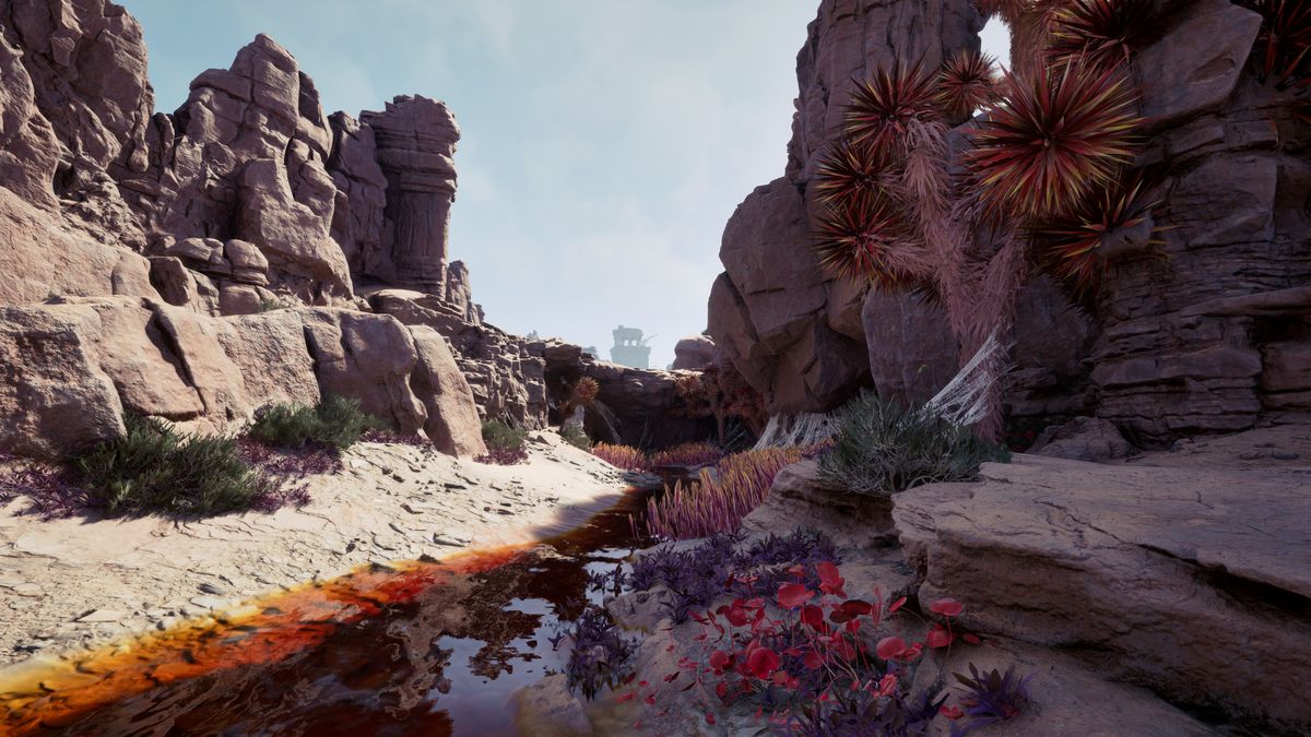 Avowed Seafarer's Boots treasure map location - A scenic shot of a rocky desert ravine with red water flowing through.